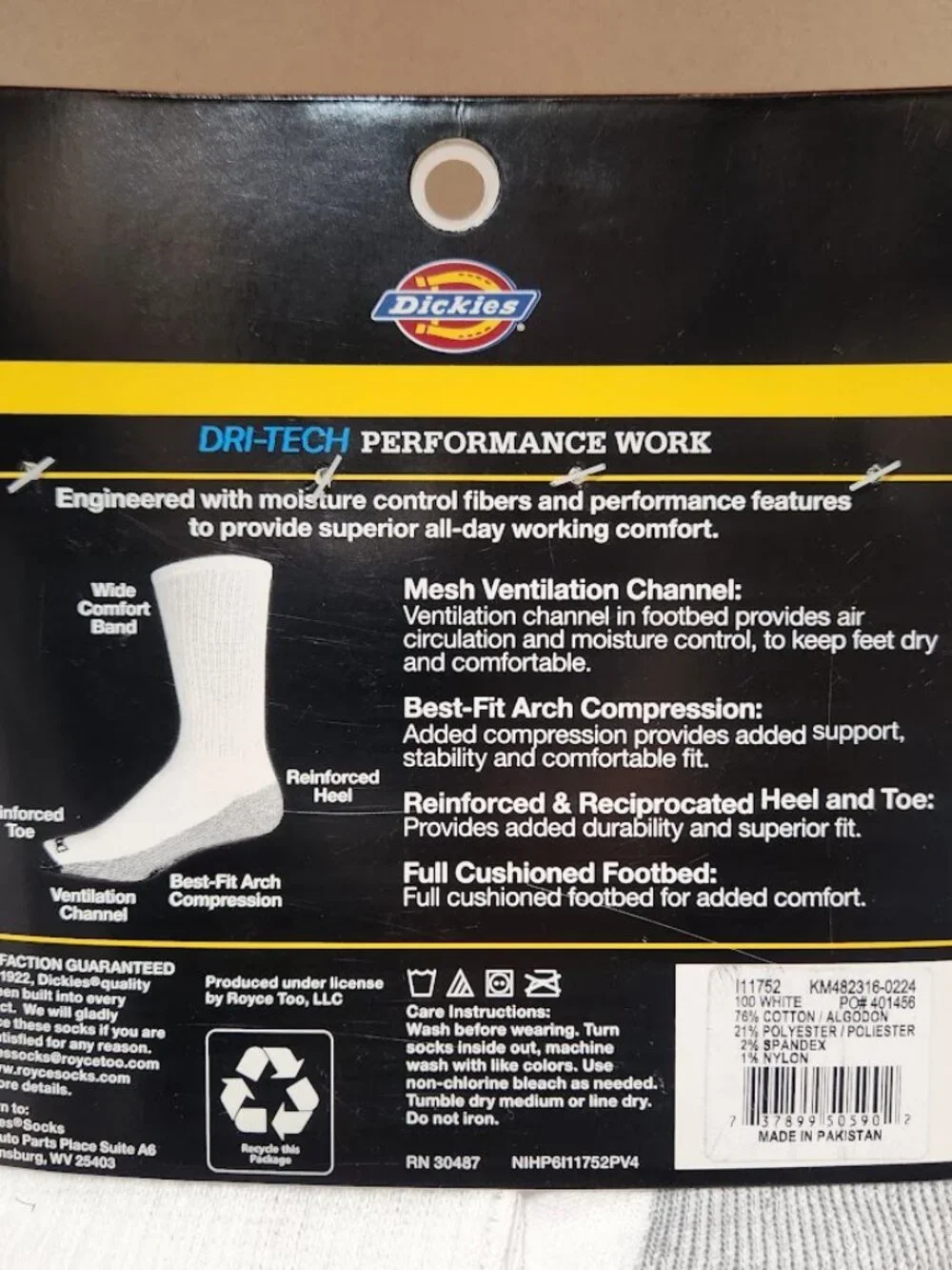 NEW Dickies Men's Dri-Tech Moisture Control Crew Socks 6 Pack Size XL White Soft